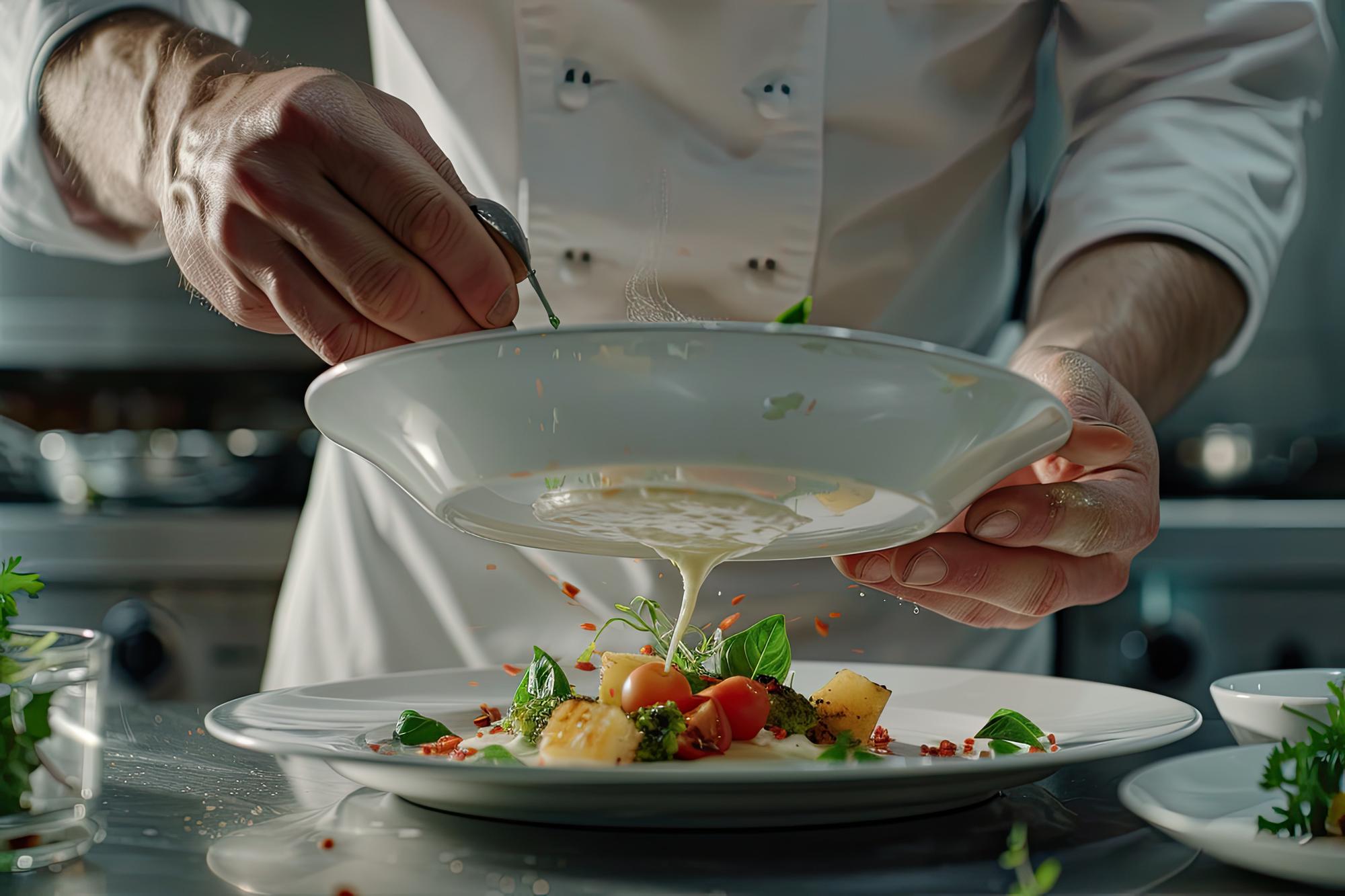 Chef plating a refined dish in a soft pastel kitchen